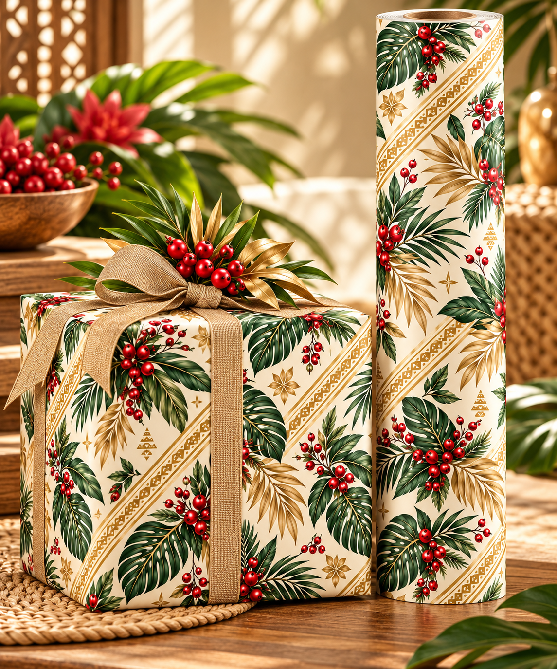 Holiday Berry & Palm Wrapping Paper Roll — Vintage Botanical Gift Wrap
