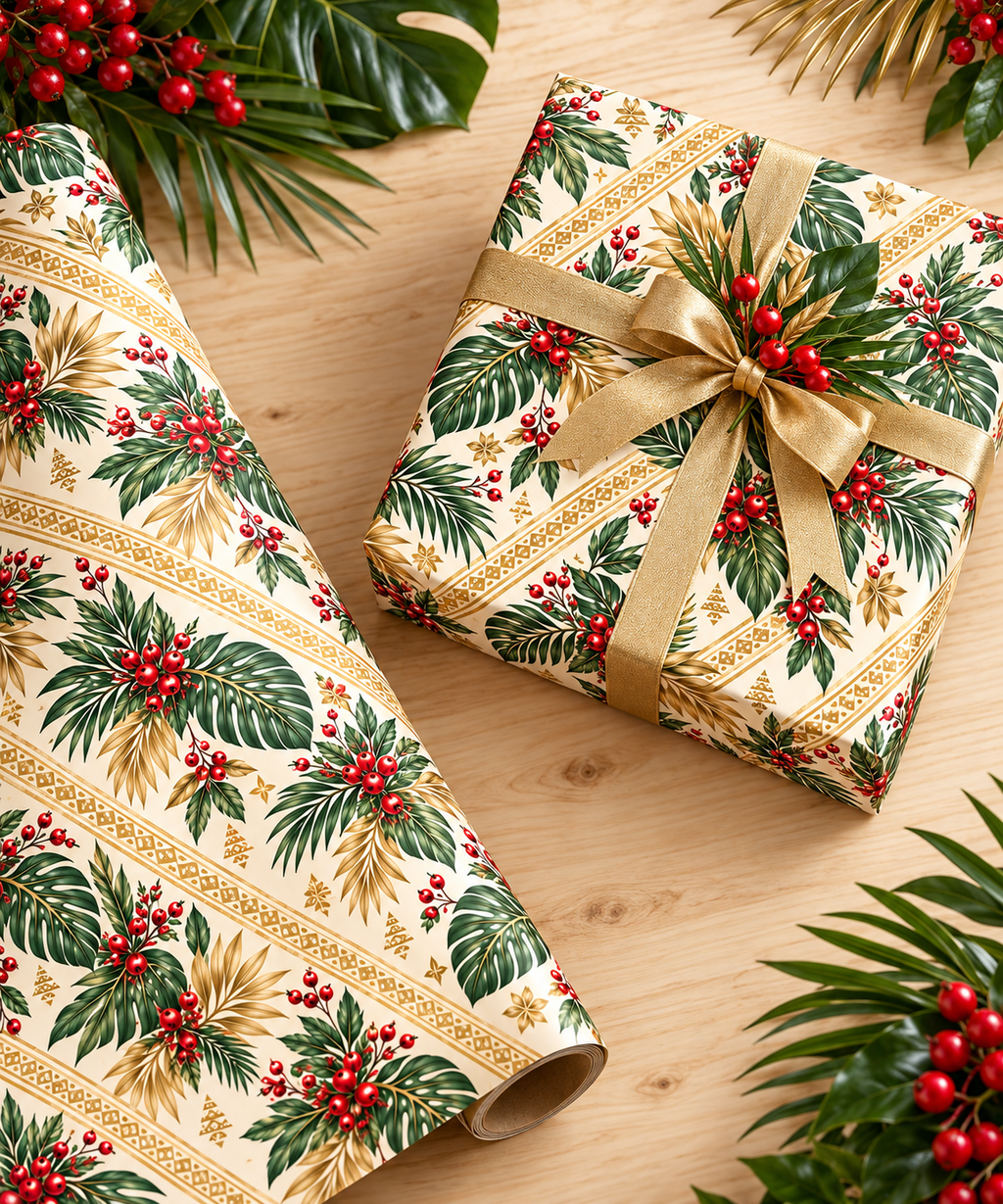 Holiday Berry & Palm Wrapping Paper Roll — Vintage Botanical Gift Wrap