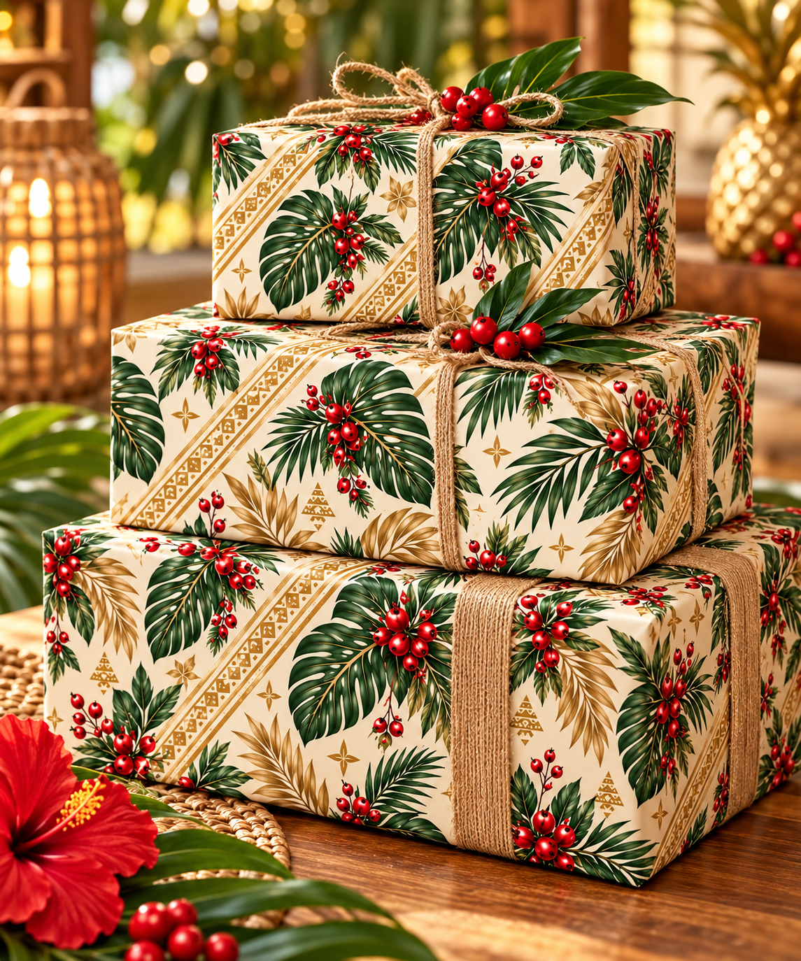 Holiday Berry & Palm Wrapping Paper Roll — Vintage Botanical Gift Wrap