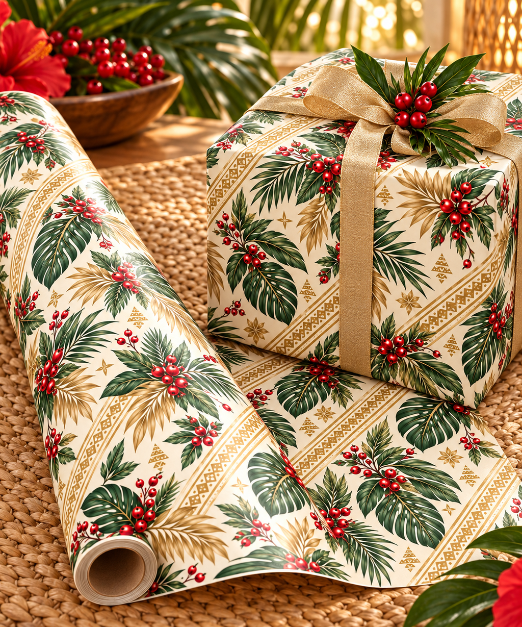 Holiday Berry & Palm Wrapping Paper Roll — Vintage Botanical Gift Wrap