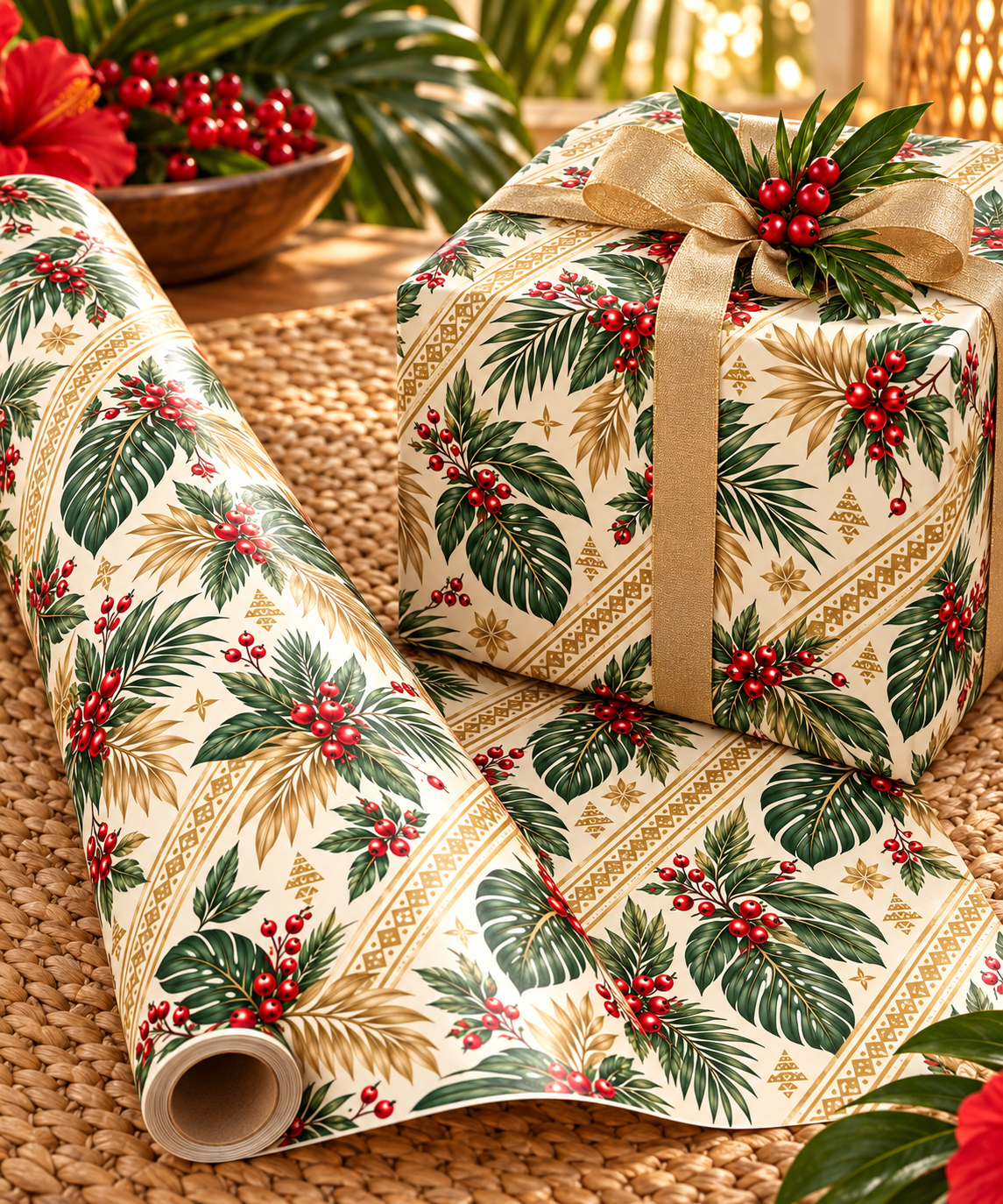 Holiday Berry & Palm Wrapping Paper Roll — Vintage Botanical Gift Wrap