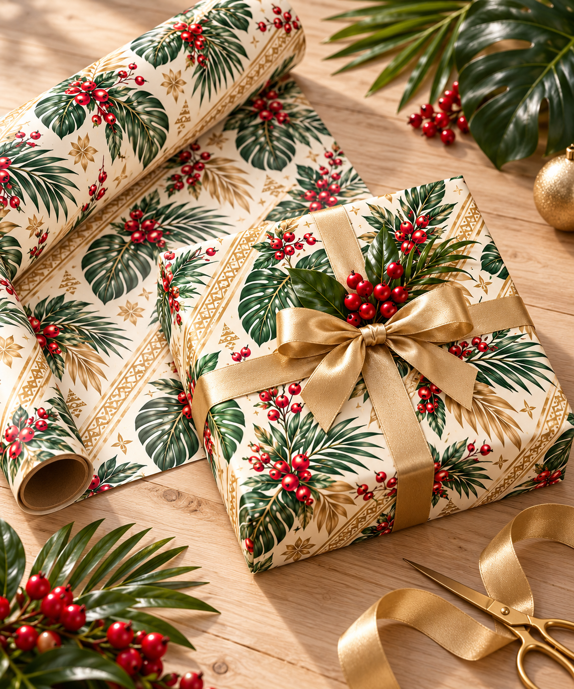 Holiday Berry & Palm Wrapping Paper Roll — Vintage Botanical Gift Wrap
