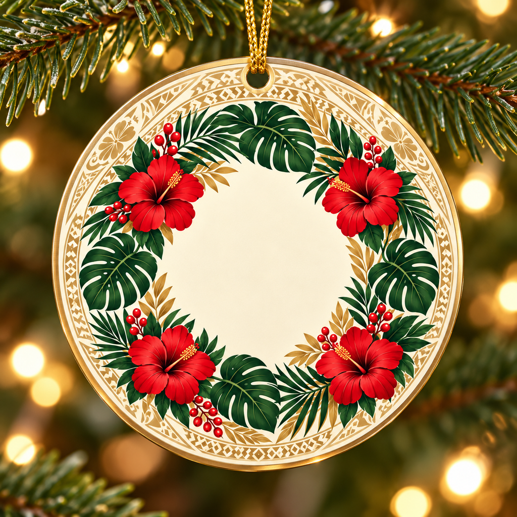 Hibiscus Holiday Metal Ornament — Tropical Christmas Wreath Decoration