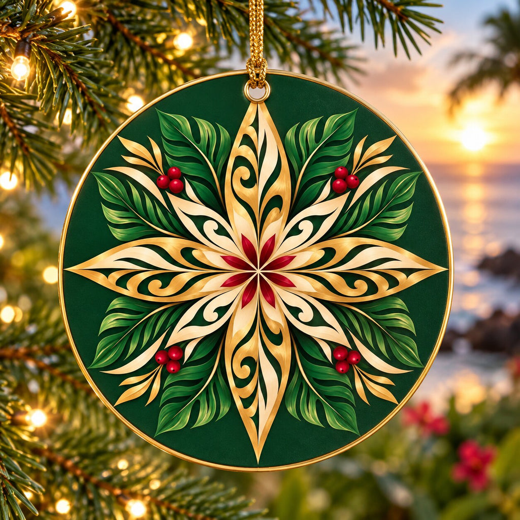 Gold & Green Holly Star Metal Ornament — Festive Christmas Tree Decoration
