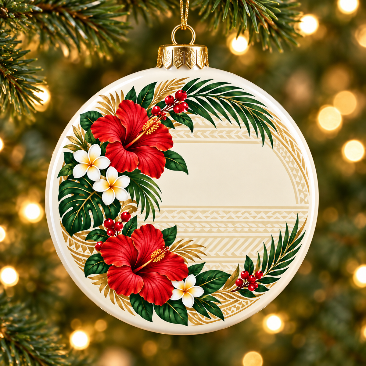 Hawaiian Hibiscus Bell Metal Ornament — Tropical Floral Christmas Decoration