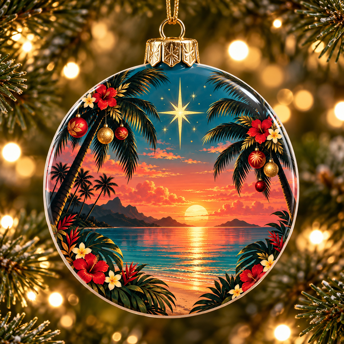 Bell Ornament - Tropical Sunset Christmas Metal Ornament with Star & Palm Beach Scene