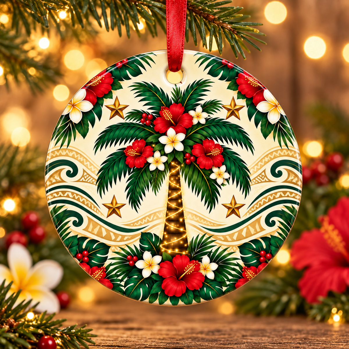 Tropical Palm Metal Ornament – Hawaiian Hibiscus Christmas Decoration