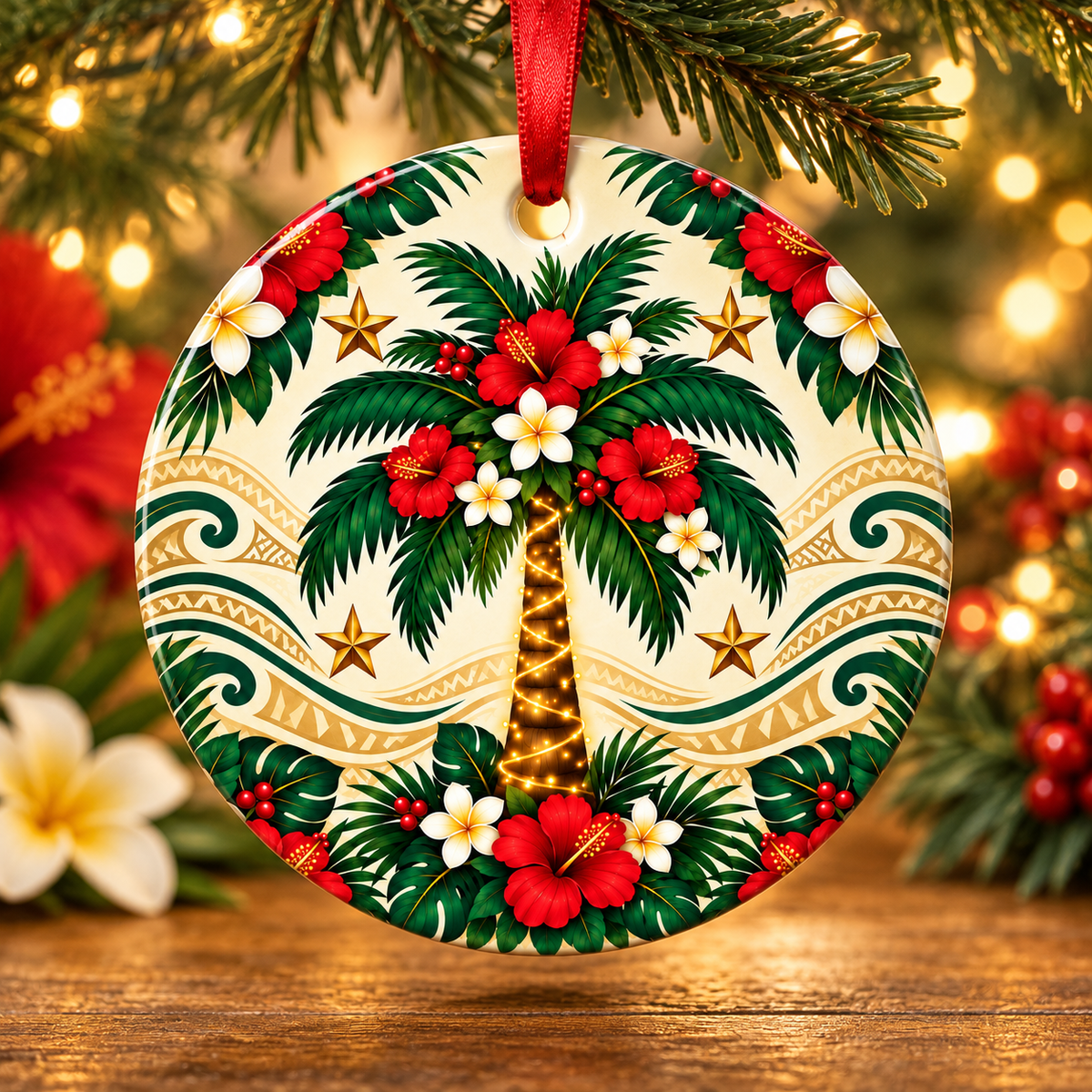 Tropical Palm Metal Ornament – Hawaiian Hibiscus Christmas Decoration