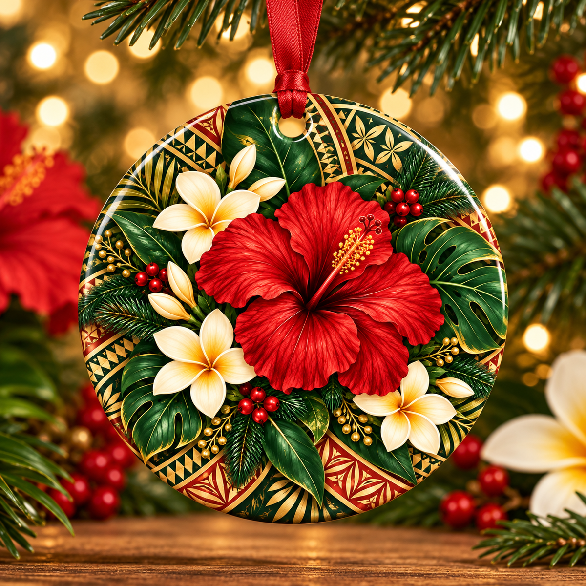Hibiscus Plumeria Bell Metal Ornament — Tropical Floral Christmas Tree Decoration