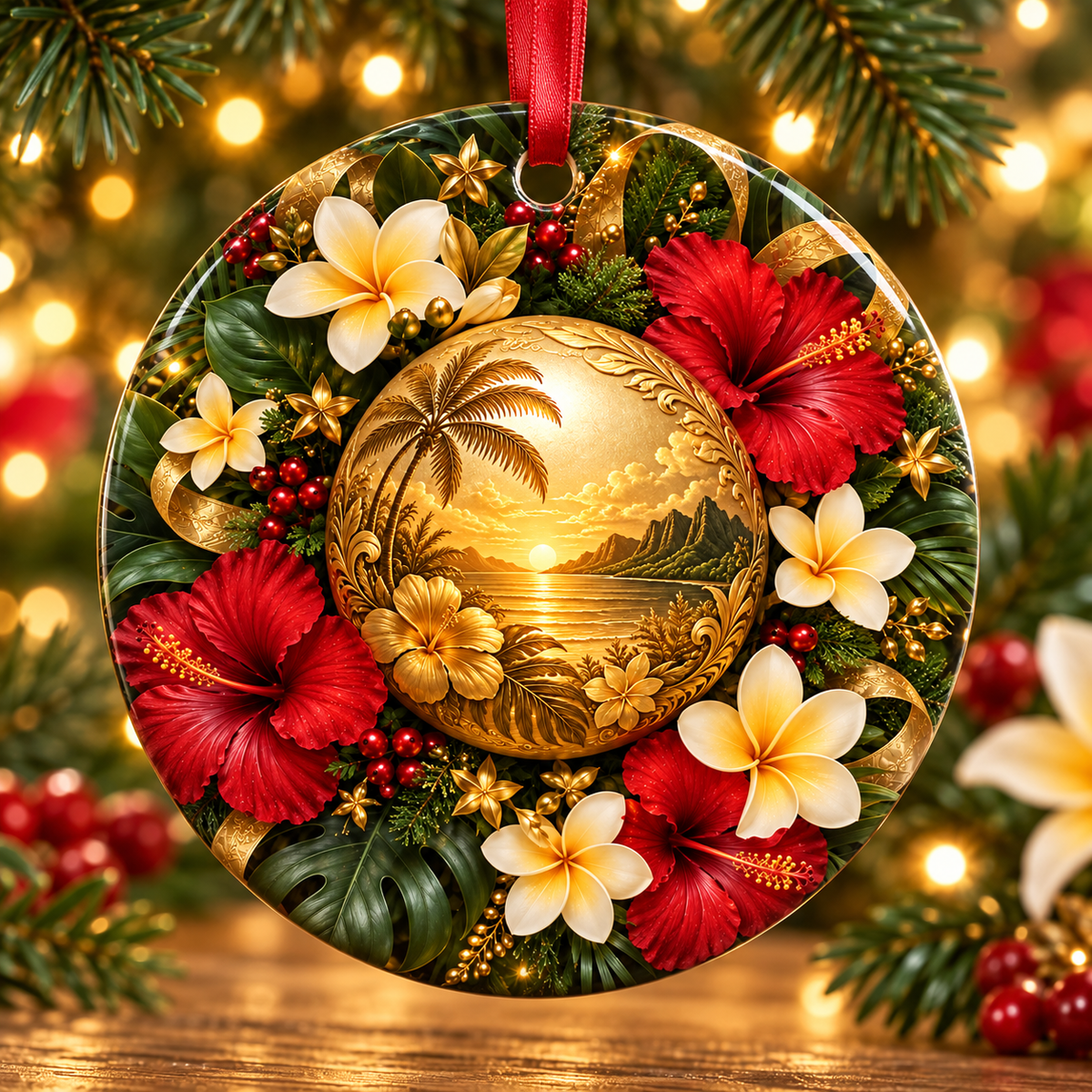 Tropical Hibiscus Metal Ornament — Hawaiian Sunset Bell Christmas Decoration