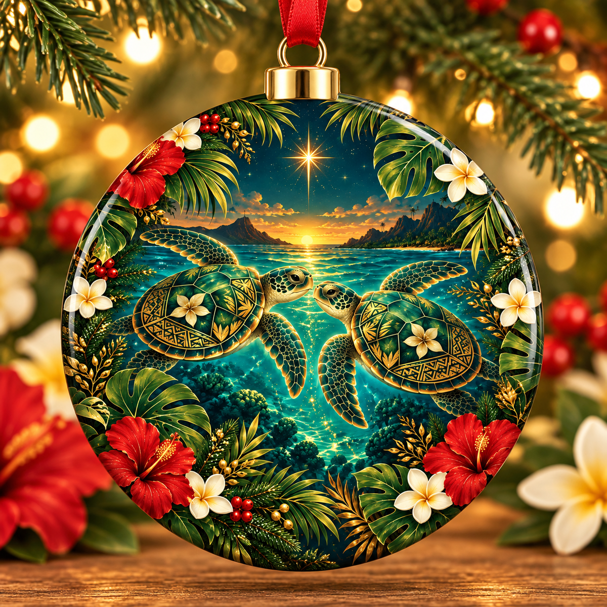 Sea Turtle Sunset Metal Ornament — Tropical Hawaiian Holiday Decor