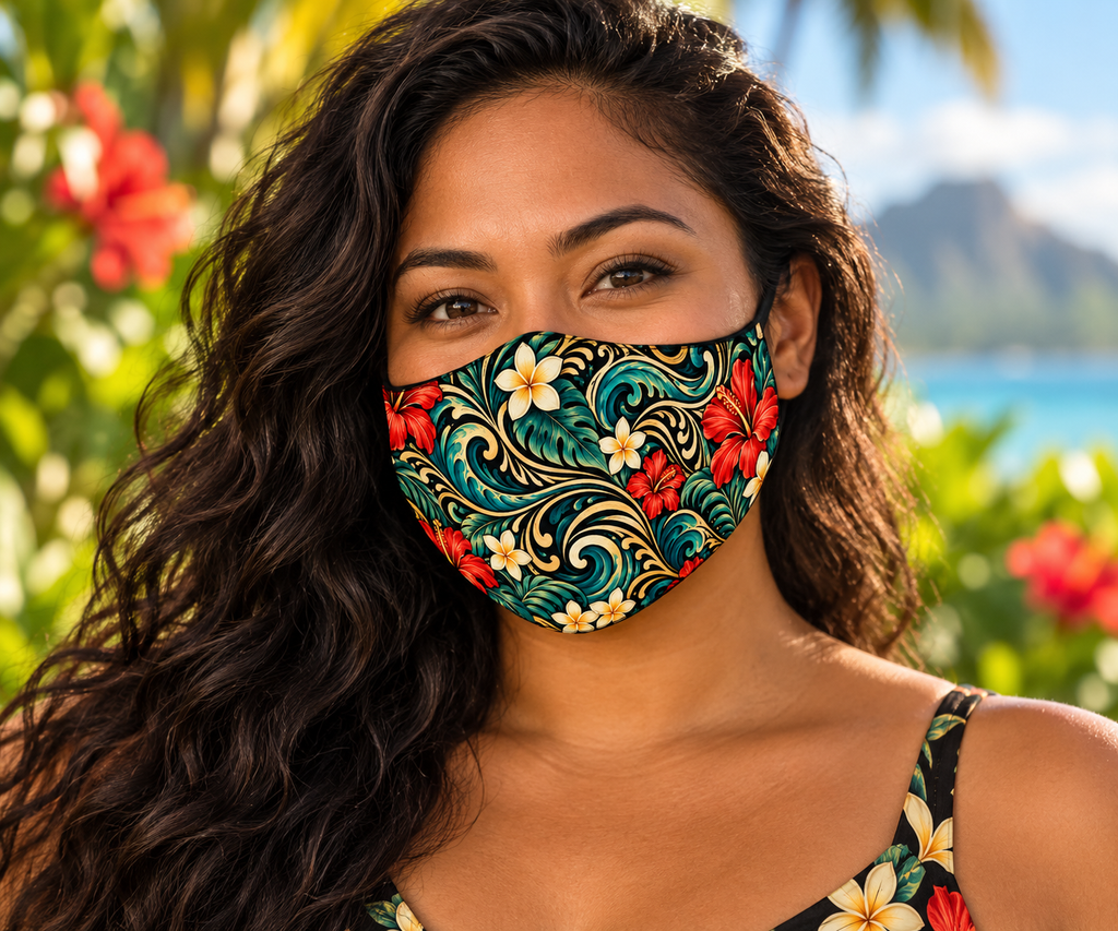 Floral Swirl Face Mask — Tropical Hibiscus & Plumeria Pattern