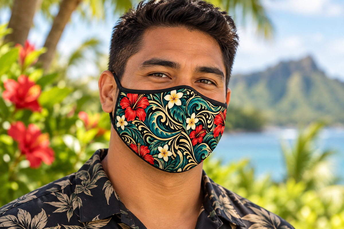Floral Swirl Face Mask — Tropical Hibiscus & Plumeria Pattern