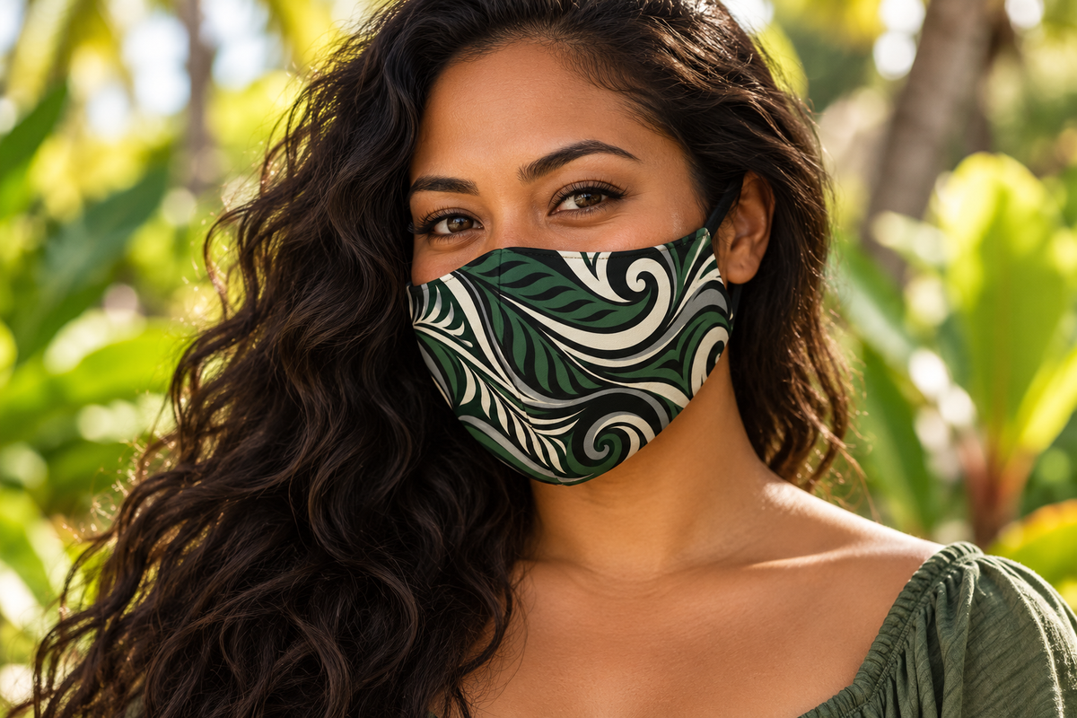 Swirling Fern Print Face Mask — Green Tribal Wave Protective Cover