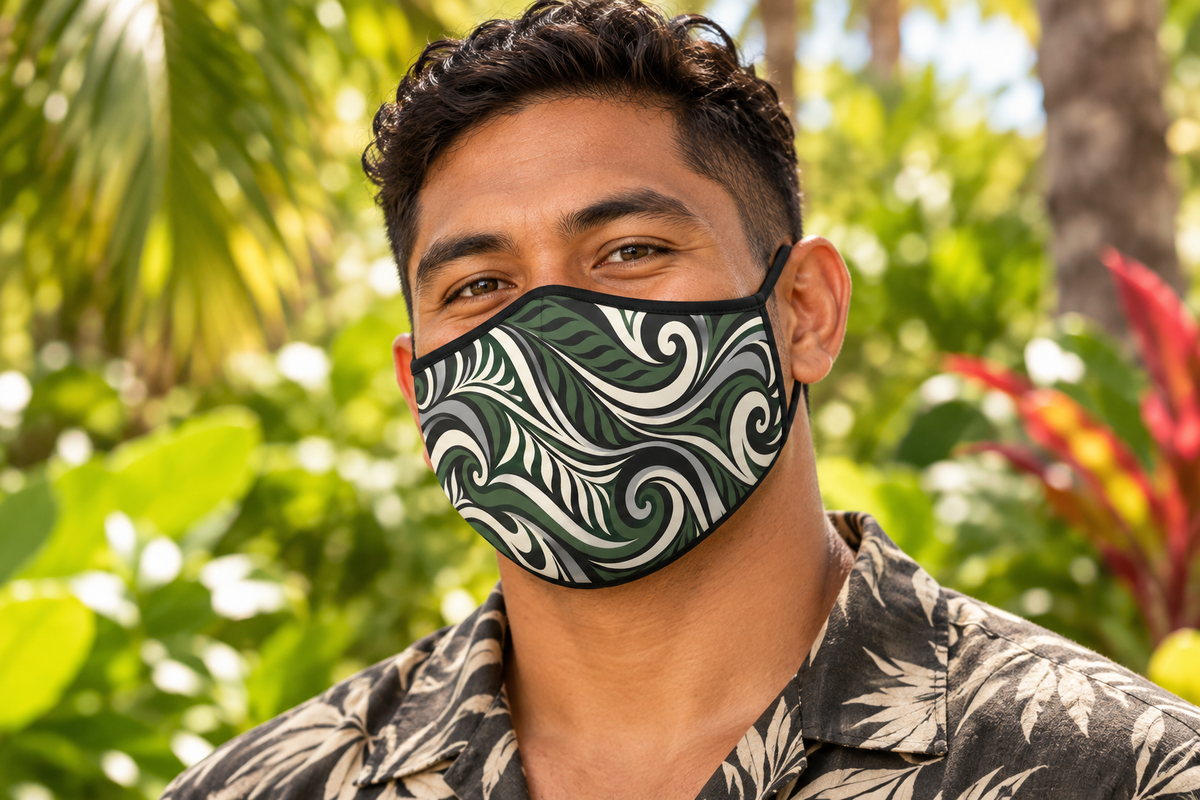 Swirling Fern Print Face Mask — Green Tribal Wave Protective Cover