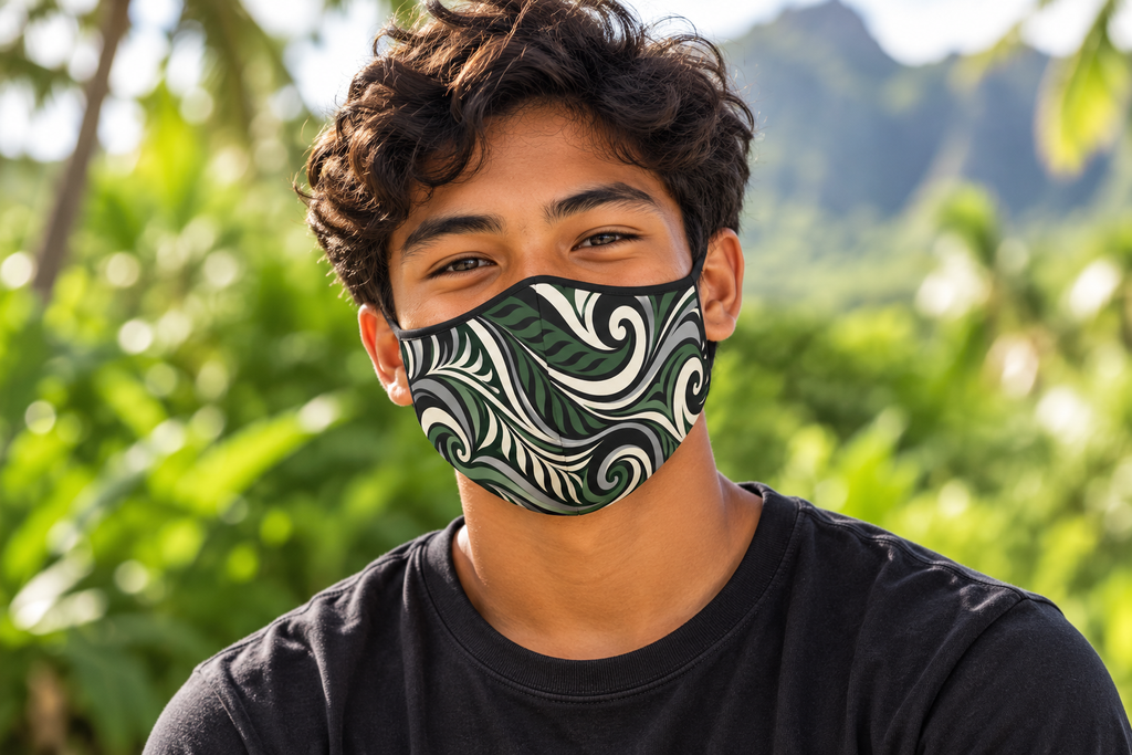 Swirling Fern Print Face Mask — Green Tribal Wave Protective Cover