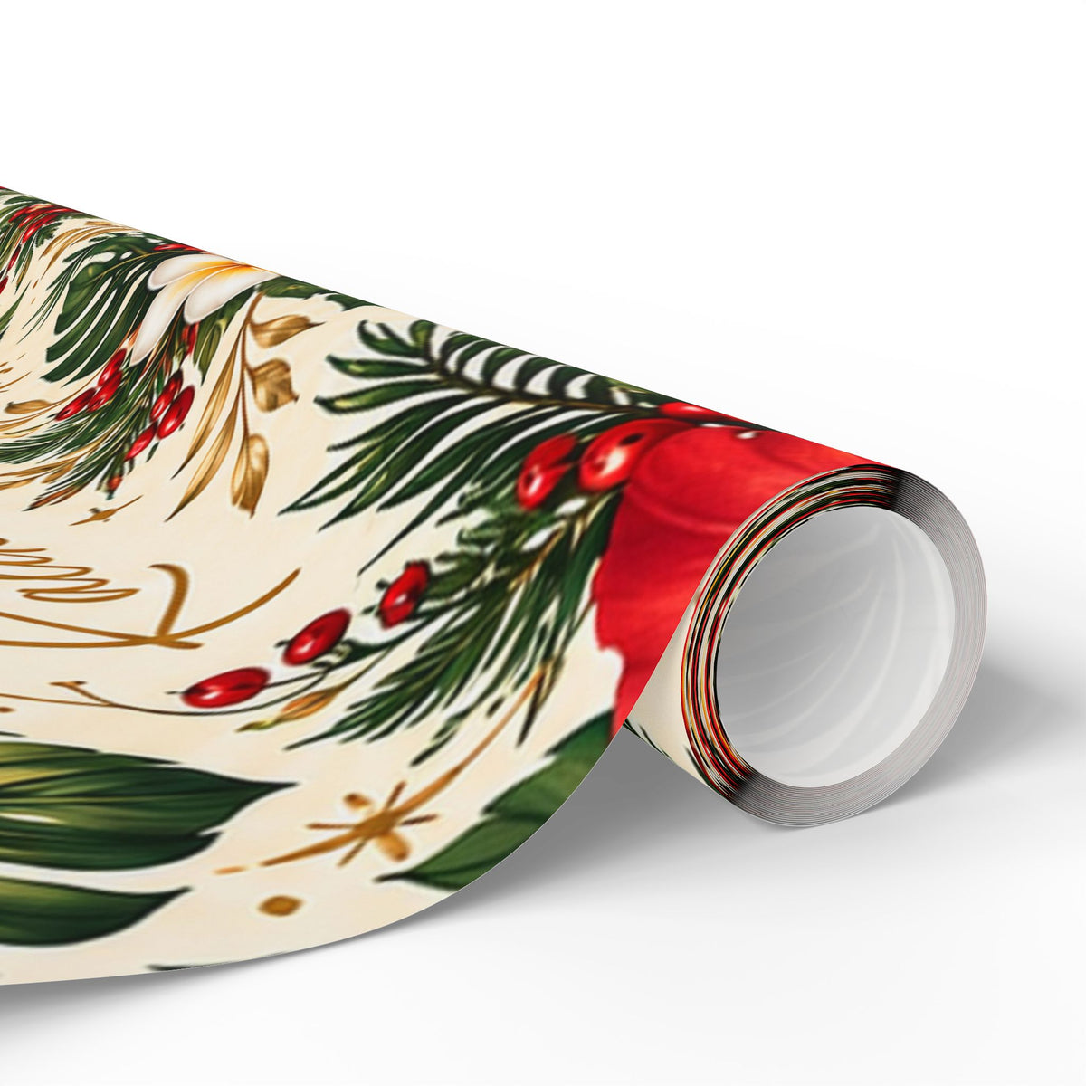 Holiday Poinsettia & Pine Wrapping Paper Roll — Festive Christmas Gift Wrap