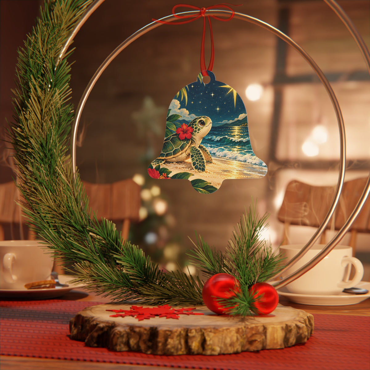 Sea Turtle Beach Bell Metal Ornament — Tropical Coastal Holiday Decoration