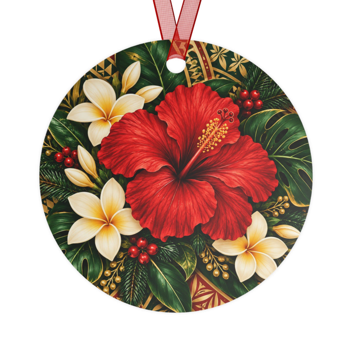 Hibiscus Plumeria Bell Metal Ornament — Tropical Floral Christmas Tree Decoration