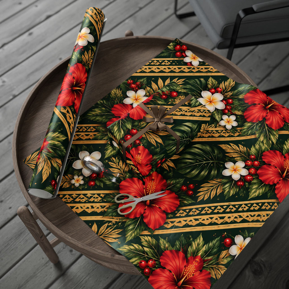 Holiday Floral Wrapping Paper Roll — Tropical Poinsettia & Plumeria Gift Wrap