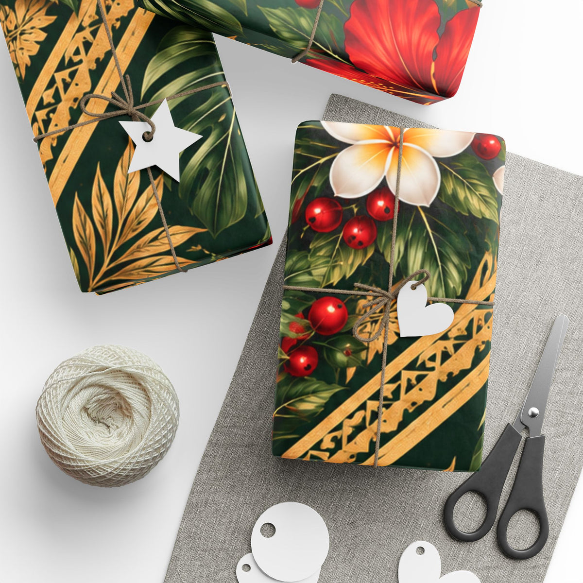 Holiday Floral Wrapping Paper Roll — Tropical Poinsettia & Plumeria Gift Wrap