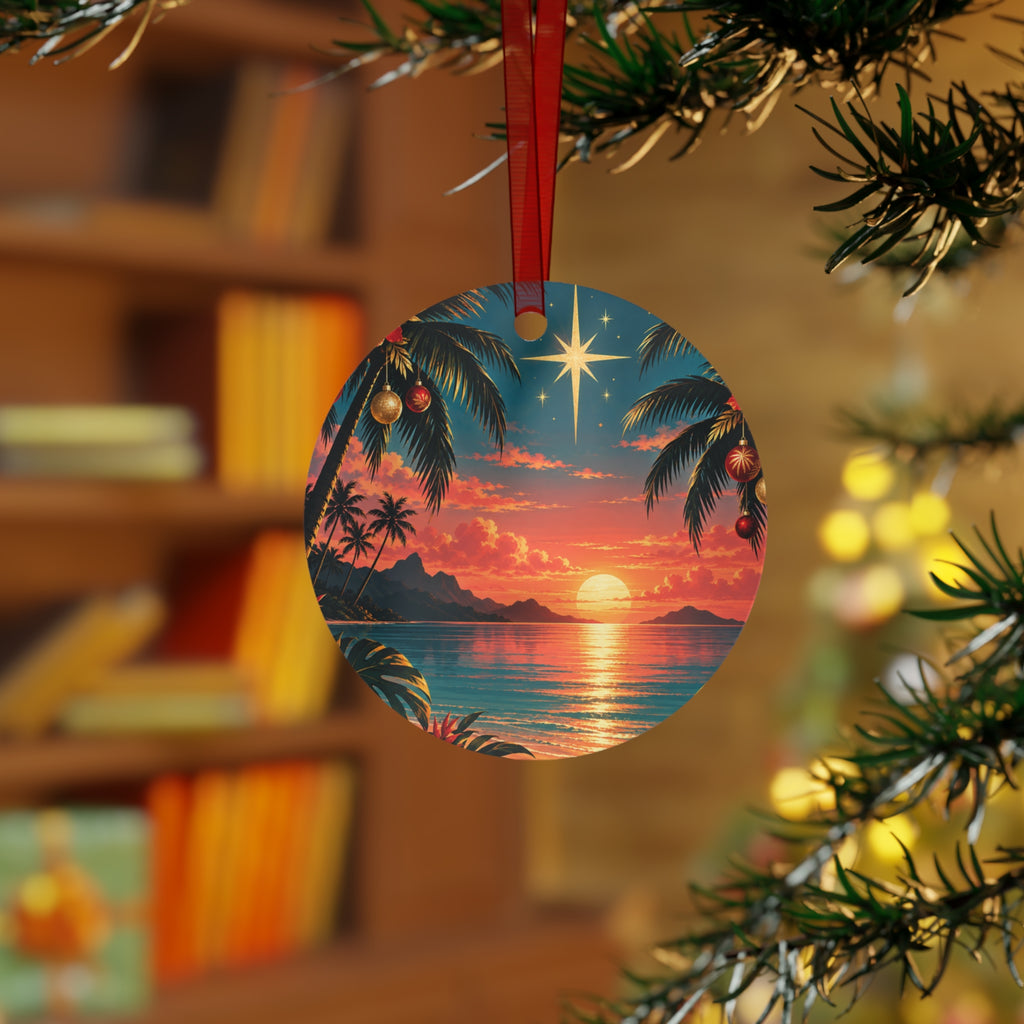 Bell Ornament - Tropical Sunset Christmas Metal Ornament with Star & Palm Beach Scene