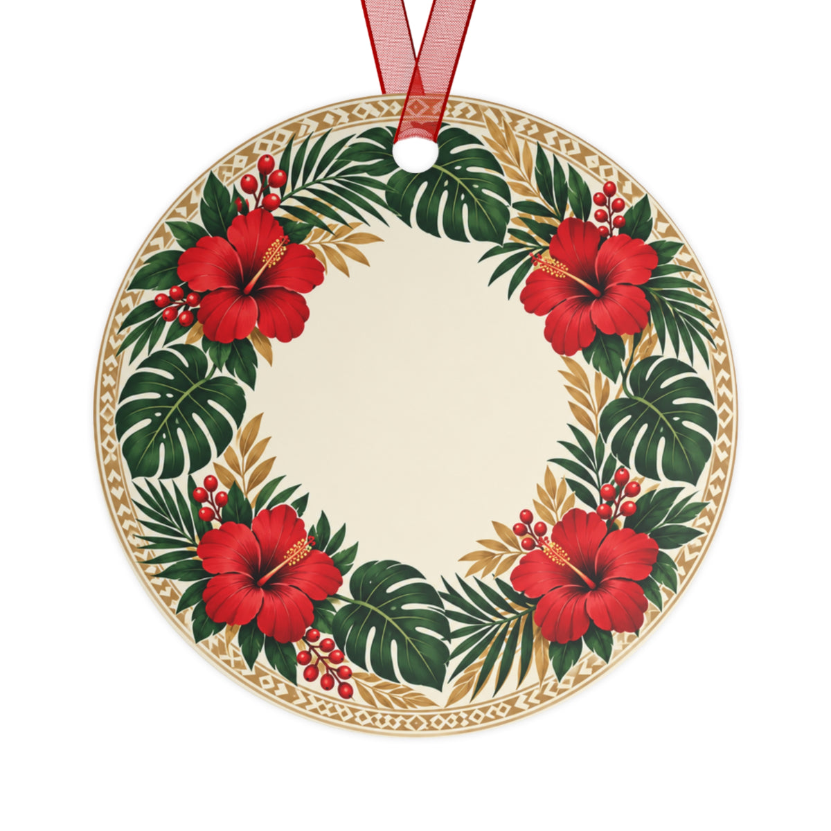 Hibiscus Holiday Metal Ornament — Tropical Christmas Wreath Decoration