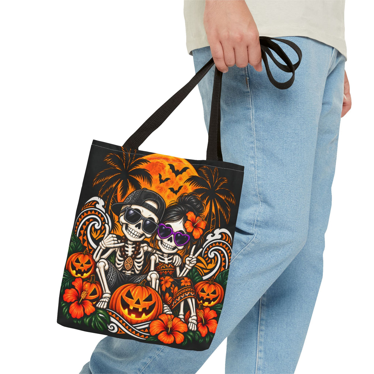 Two Skeletons Tropical Halloween Tote Bag