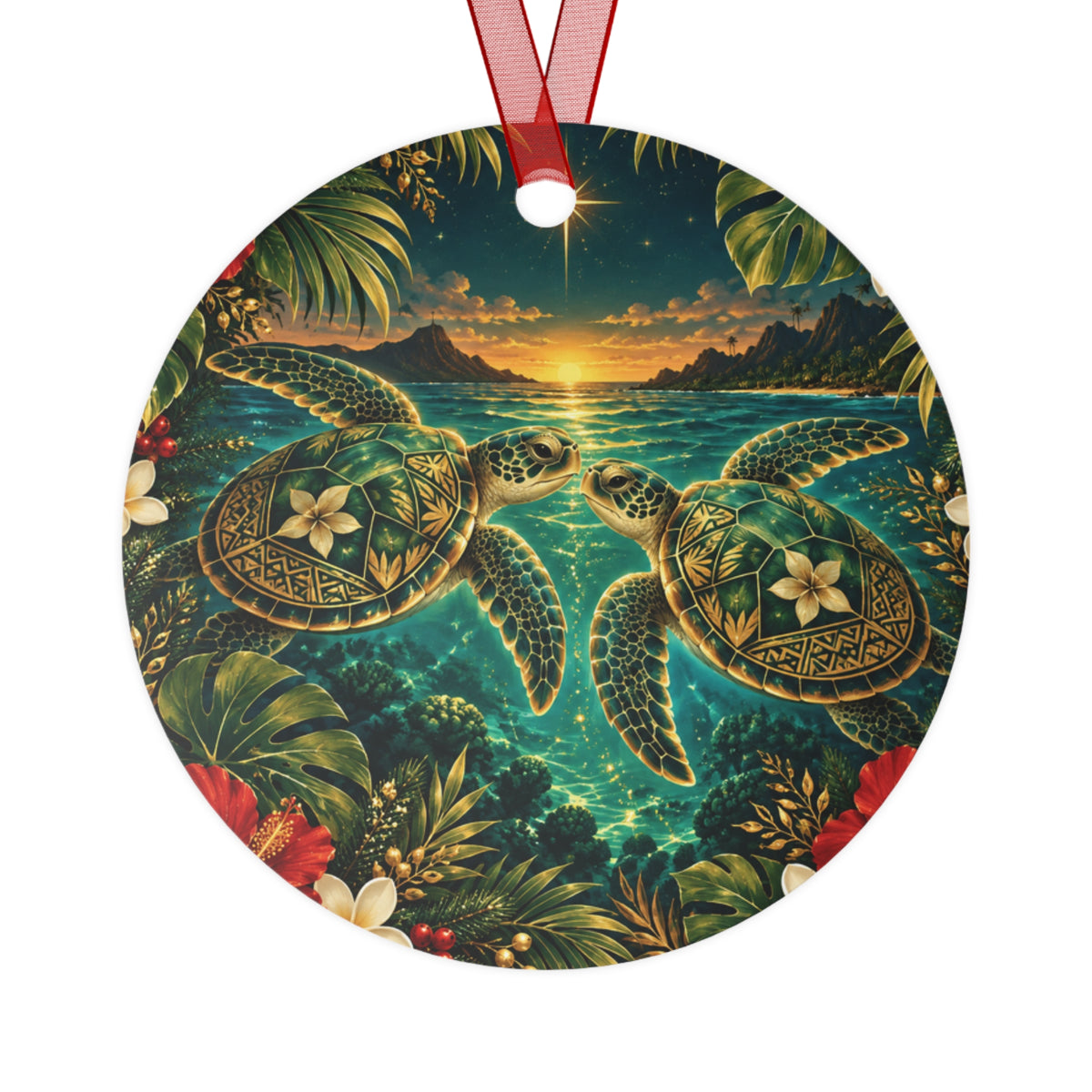 Sea Turtle Sunset Metal Ornament — Tropical Hawaiian Holiday Decor