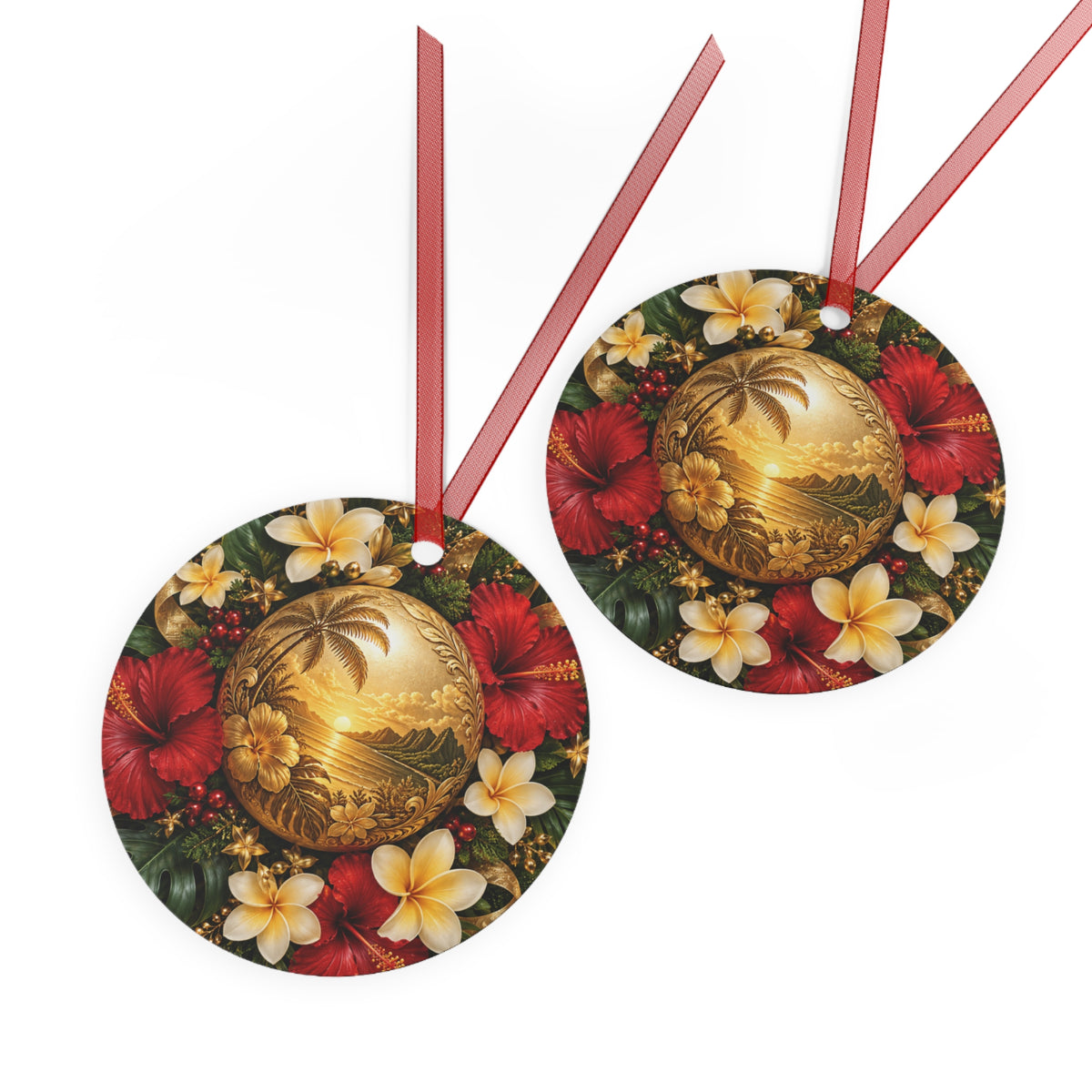 Tropical Hibiscus Metal Ornament — Hawaiian Sunset Bell Christmas Decoration