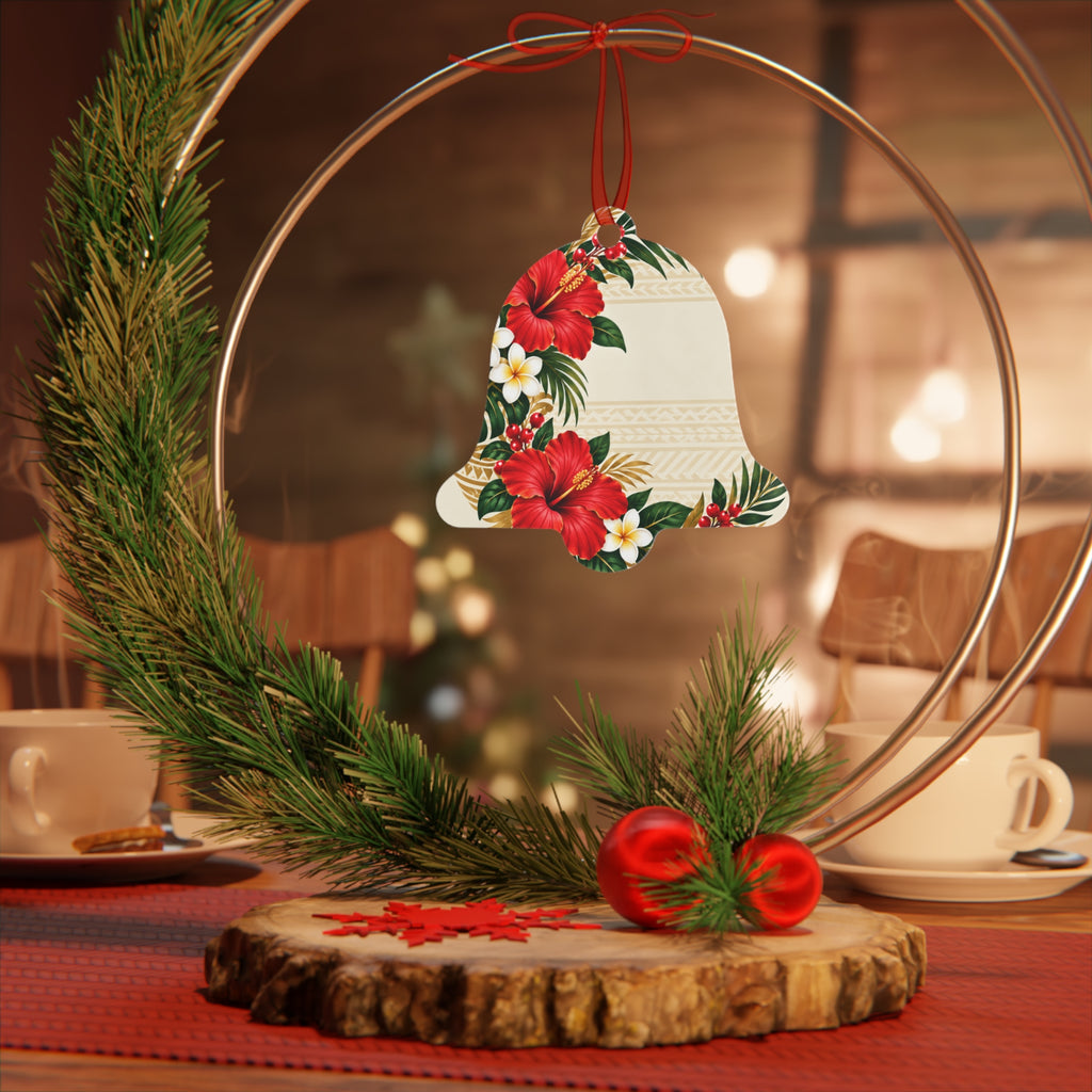 Hawaiian Hibiscus Bell Metal Ornament — Tropical Floral Christmas Decoration