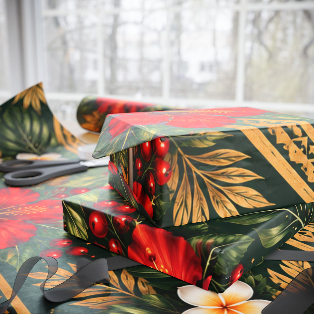 Holiday Floral Wrapping Paper Roll — Tropical Poinsettia & Plumeria Gift Wrap