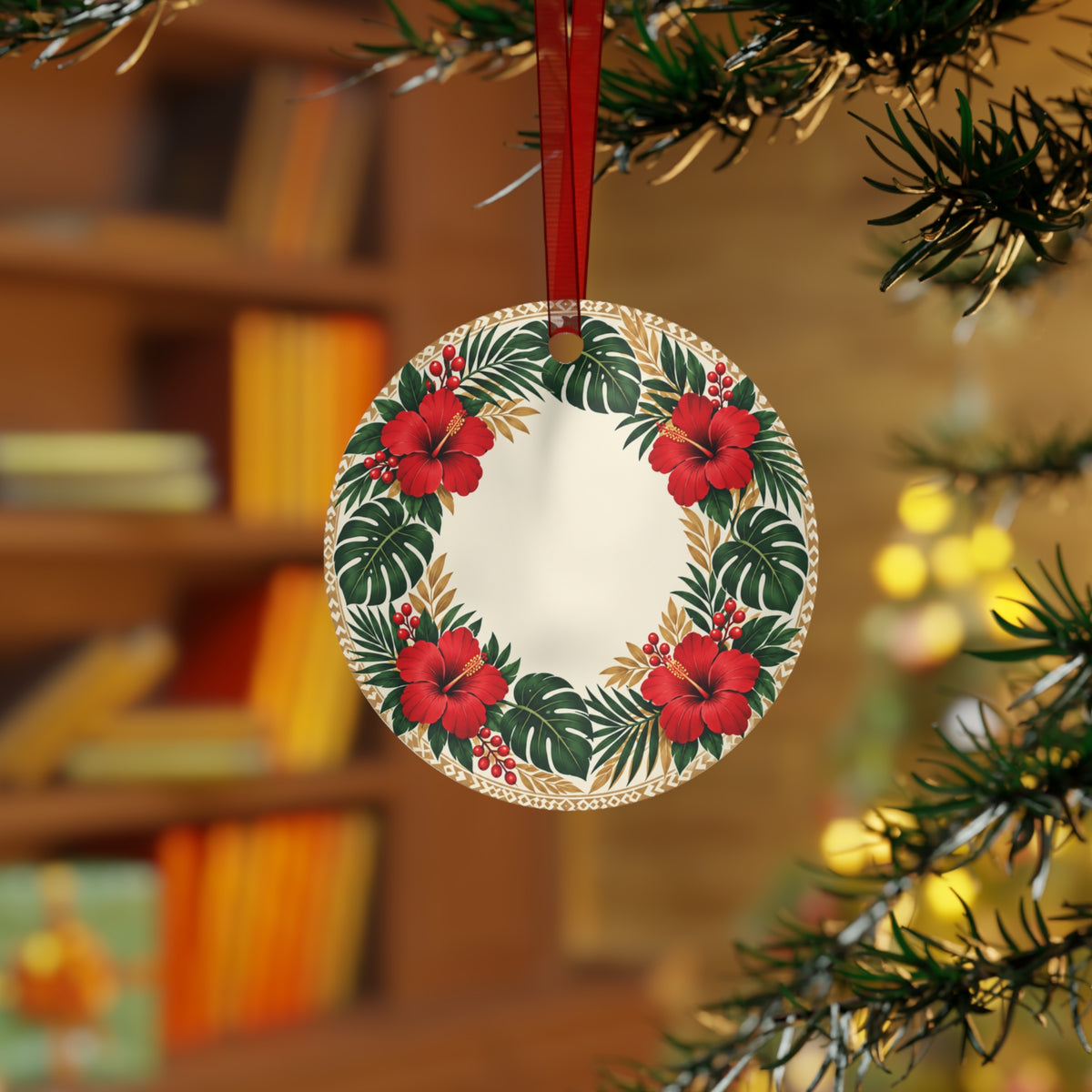 Hibiscus Holiday Metal Ornament — Tropical Christmas Wreath Decoration