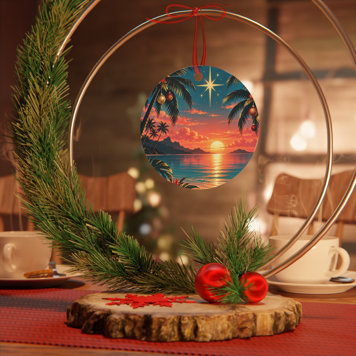 Bell Ornament - Tropical Sunset Christmas Metal Ornament with Star & Palm Beach Scene
