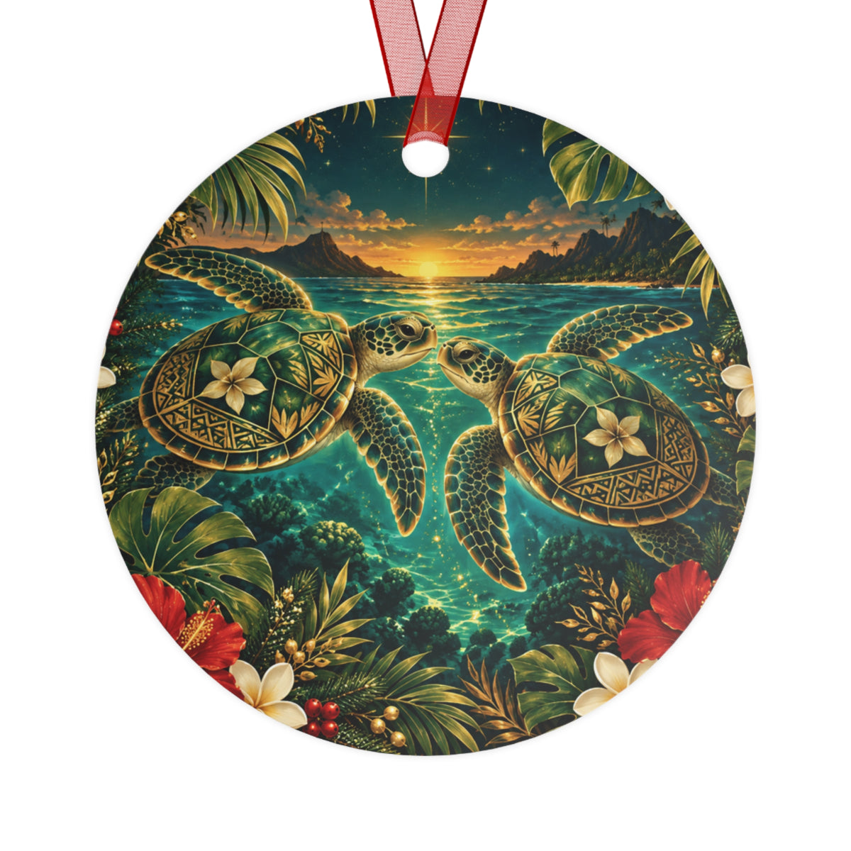Sea Turtle Sunset Metal Ornament — Tropical Hawaiian Holiday Decor