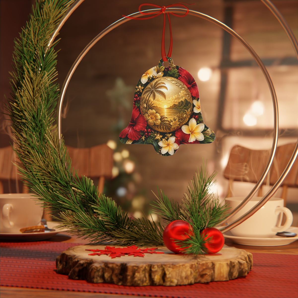 Tropical Hibiscus Metal Ornament — Hawaiian Sunset Bell Christmas Decoration