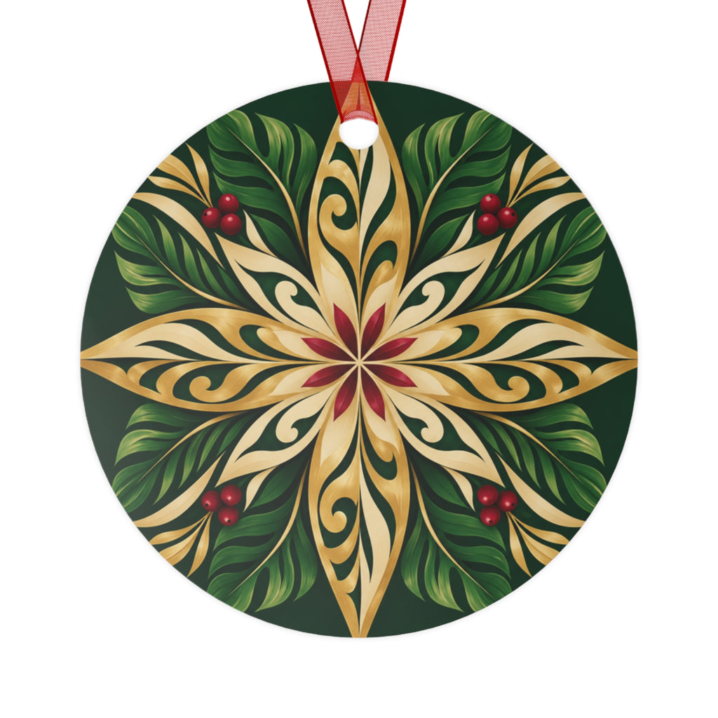 Gold & Green Holly Star Metal Ornament — Festive Christmas Tree Decoration