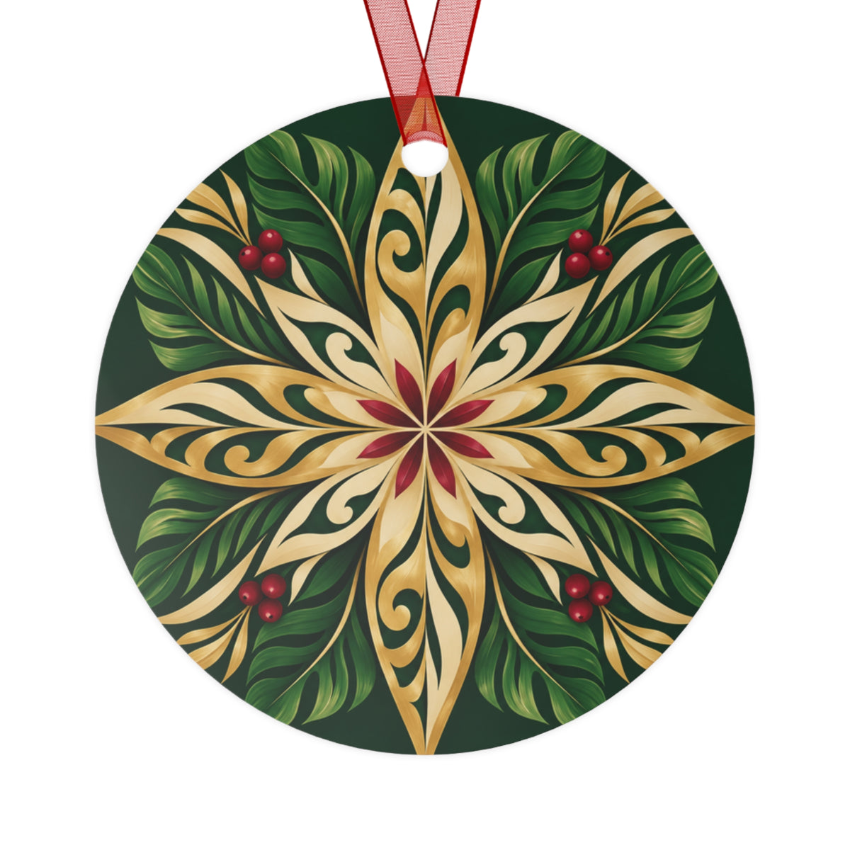 Gold & Green Holly Star Metal Ornament — Festive Christmas Tree Decoration