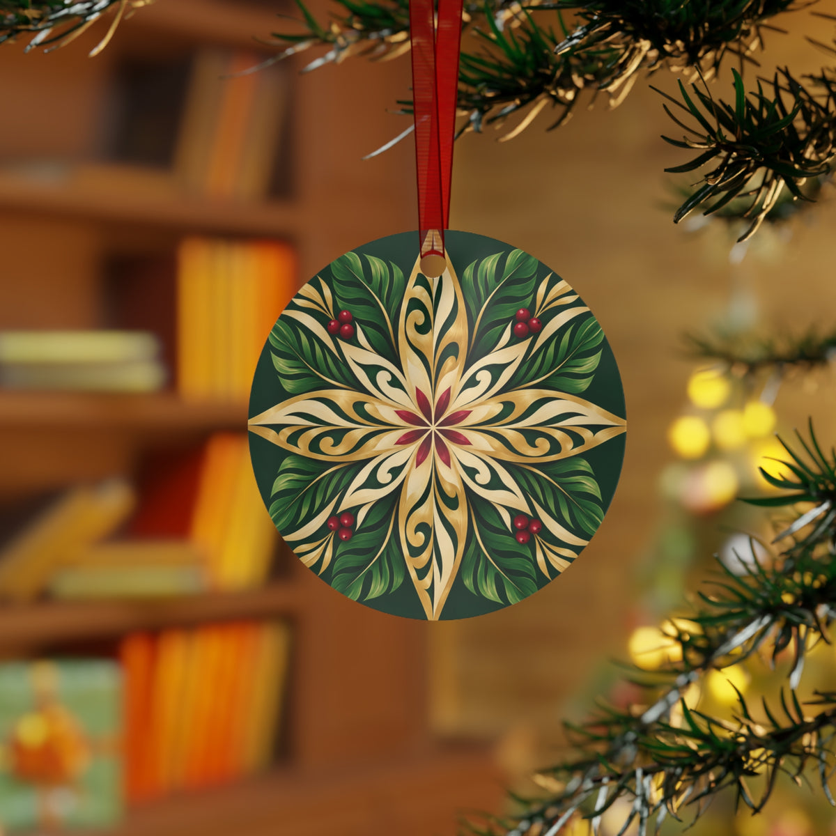 Gold & Green Holly Star Metal Ornament — Festive Christmas Tree Decoration