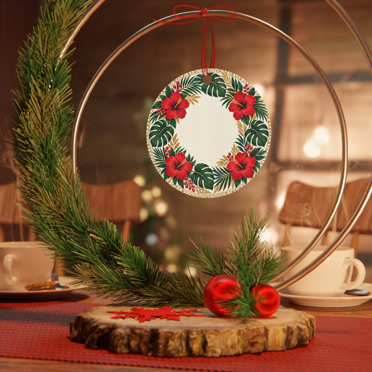 Hibiscus Holiday Metal Ornament — Tropical Christmas Wreath Decoration