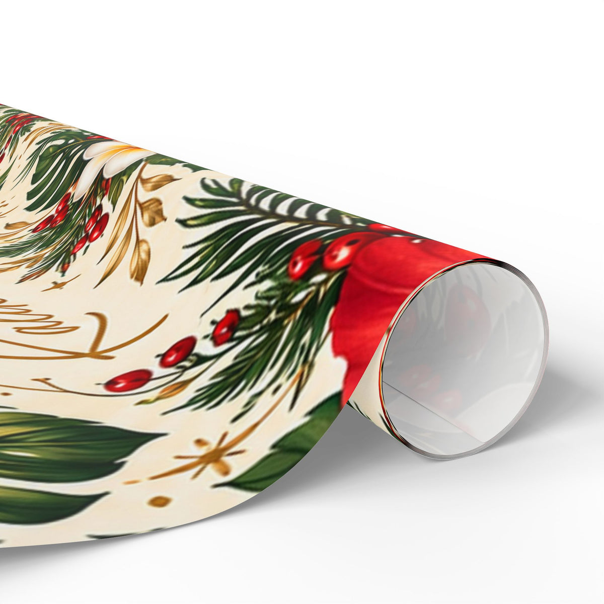 Holiday Poinsettia & Pine Wrapping Paper Roll — Festive Christmas Gift Wrap