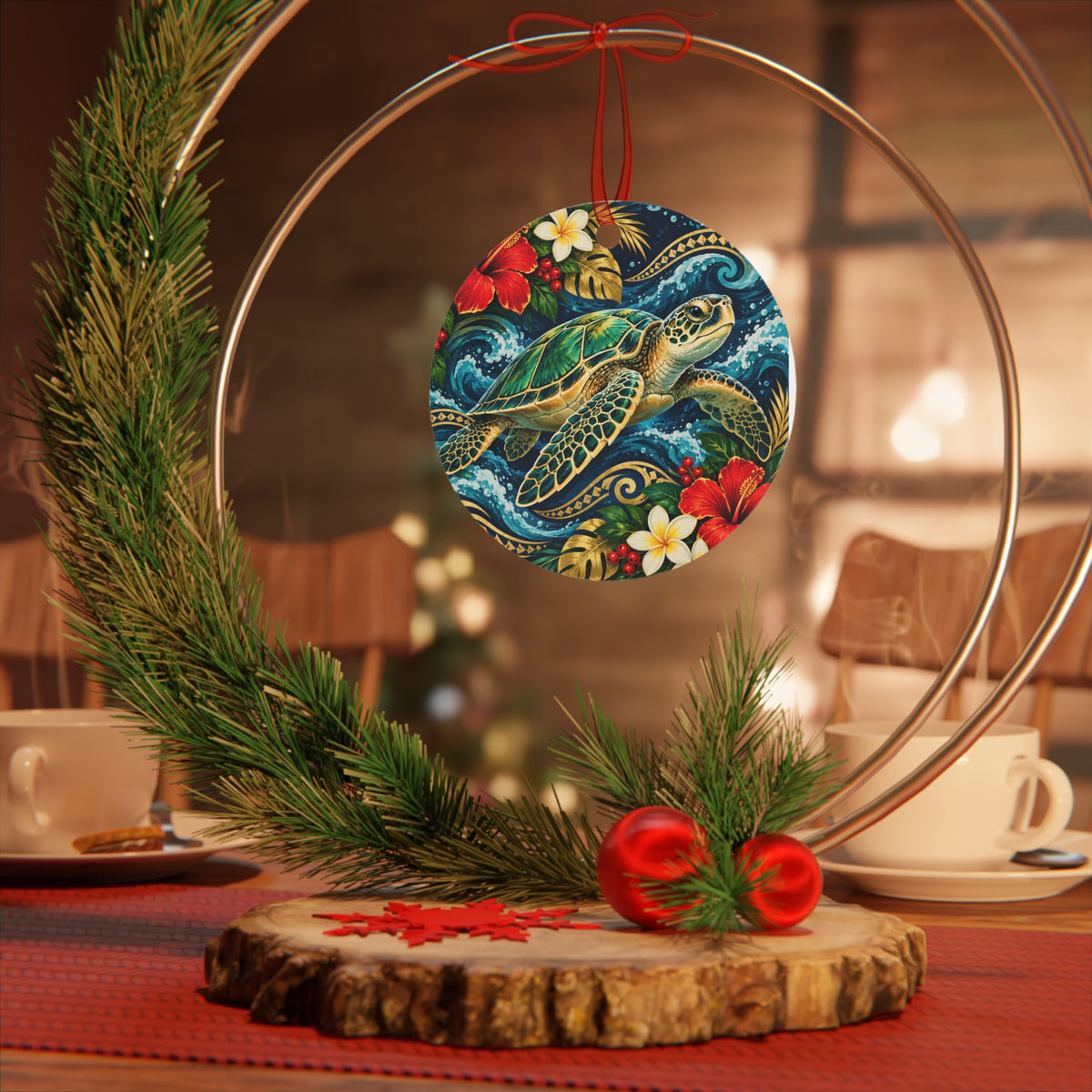 Sea Turtle Holiday Bell Ornament — Tropical Hawaiian Metal Ornament