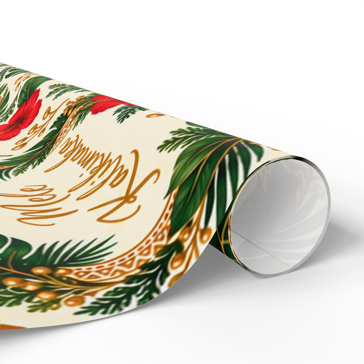 Holiday Wreath Wrapping Paper Roll — Classic Green & Gold Christmas Gift Wrap