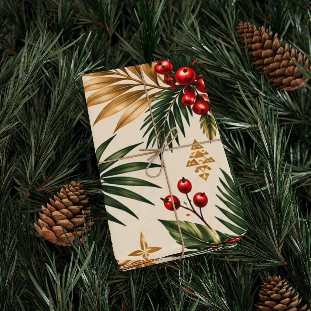 Holiday Berry & Palm Wrapping Paper Roll — Vintage Botanical Gift Wrap