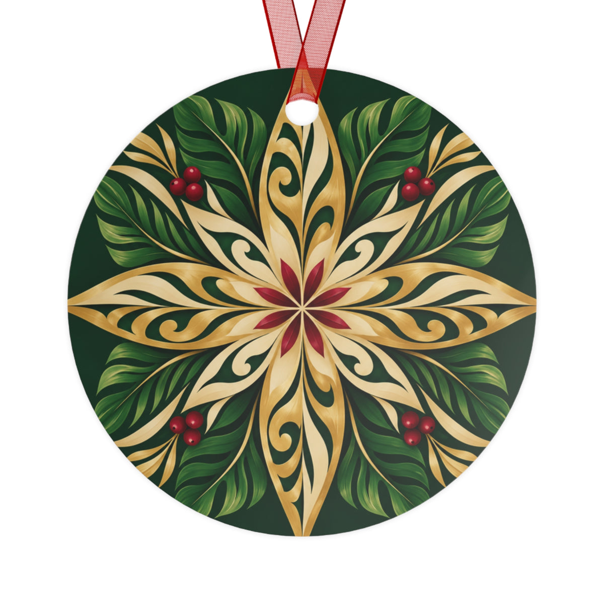Gold & Green Holly Star Metal Ornament — Festive Christmas Tree Decoration