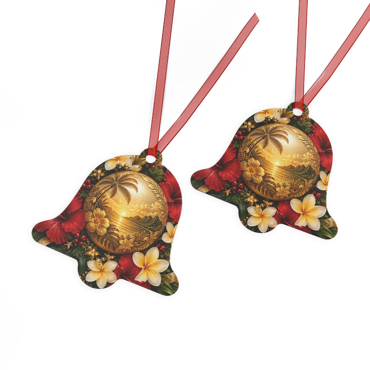 Tropical Hibiscus Metal Ornament — Hawaiian Sunset Bell Christmas Decoration
