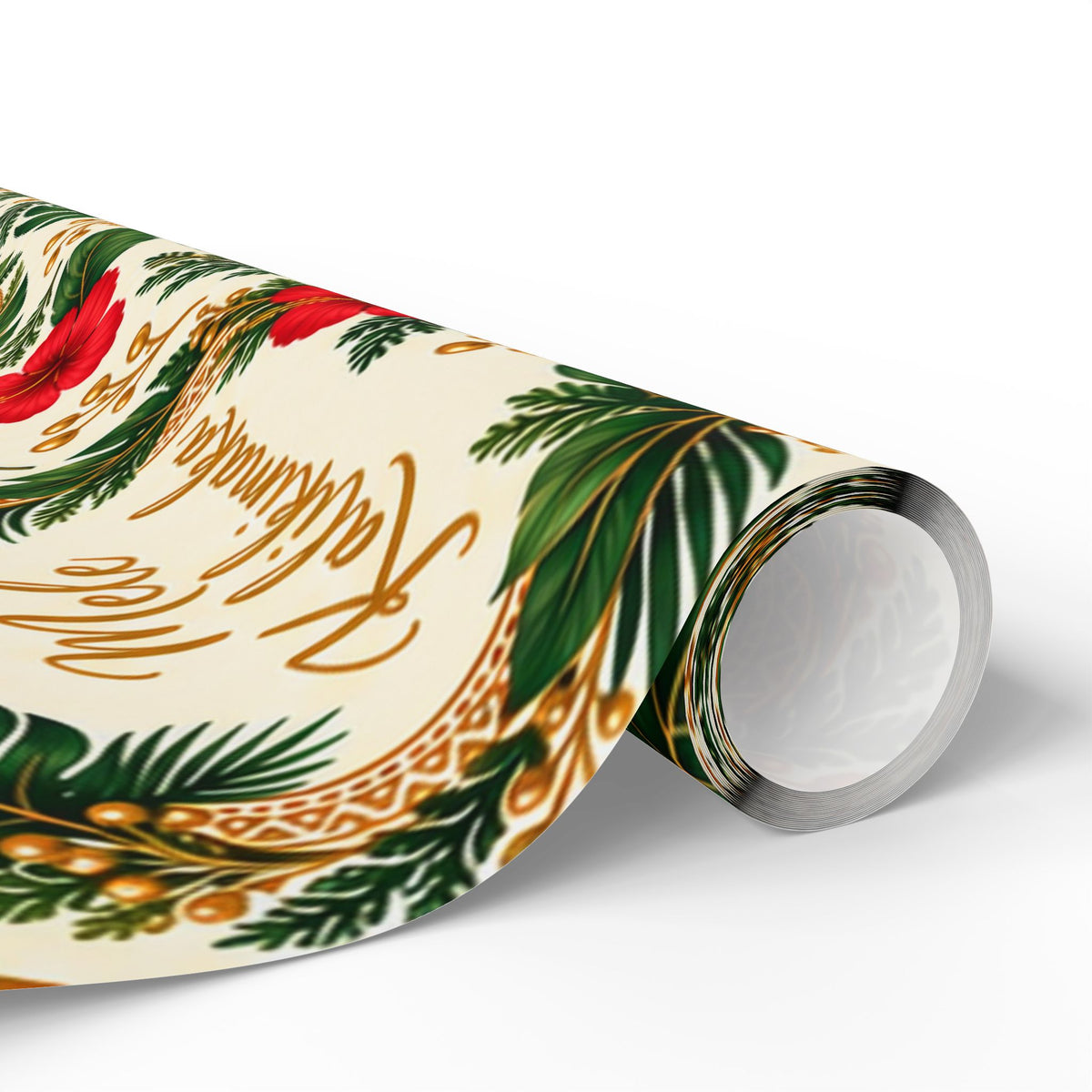 Holiday Wreath Wrapping Paper Roll — Classic Green & Gold Christmas Gift Wrap