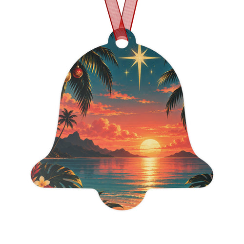 Bell Ornament - Tropical Sunset Christmas Metal Ornament with Star & Palm Beach Scene
