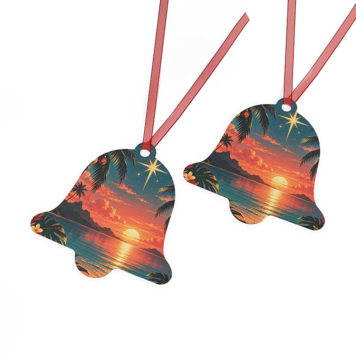 Bell Ornament - Tropical Sunset Christmas Metal Ornament with Star & Palm Beach Scene