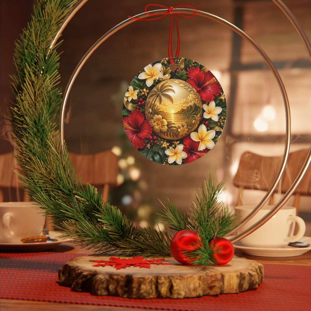 Tropical Hibiscus Metal Ornament — Hawaiian Sunset Bell Christmas Decoration